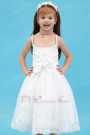 Cute Spaghetti Straps Bow Appliques White Organza Flower Girl Dress