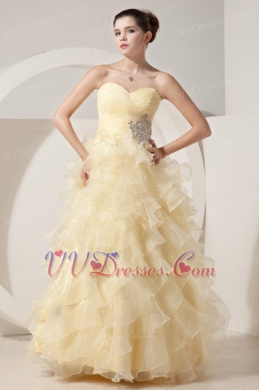 Light Yellow Organza Prom Dress With Princess Skirt Long Inexpensive