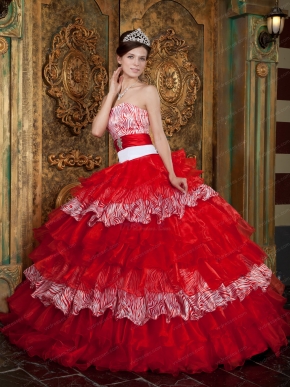 Fashion Zebra And Red Organza Layers Ruffled Skirt Winter Quinceanera Dress