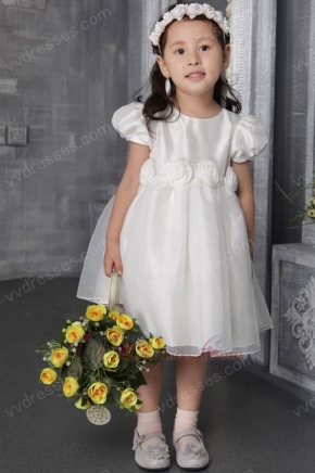 White Princess Scoop Tea-length Flower Girl Dress For Wedding Party