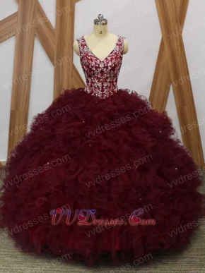 Silver Embroidery Blouse Dense Ruffles Burgundy Quince Gowns Heart-Shaped Cut Out Back