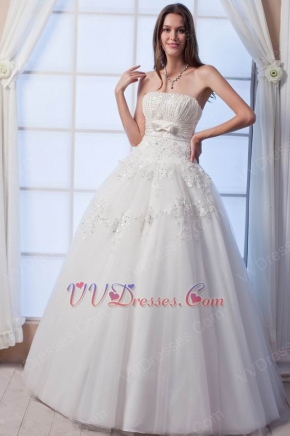 Beautiful Strapless Beaded Bodice Empire Ivory Bridal Dress With Bow