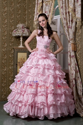 Baby Pink One Shoulder Ruffled Layers Quinceanea Dress Puffy Like Princess