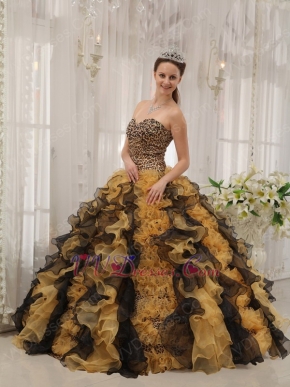 Unique Leopard Print Quinceanera Dress With Black And Yellow Ruffle Skirt