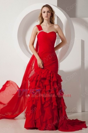 Wine Red One Shoulder Mermaid Ruffles Skirt Celebrity Dress