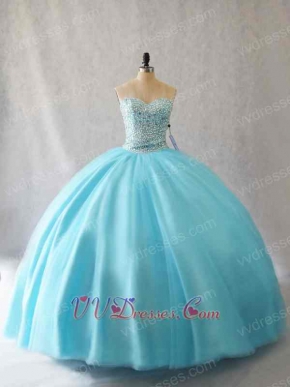 Full Clear Crystals Blouse Aqua Plain Layers Tulle Very Puffy Adult Ceremony Ball Gown