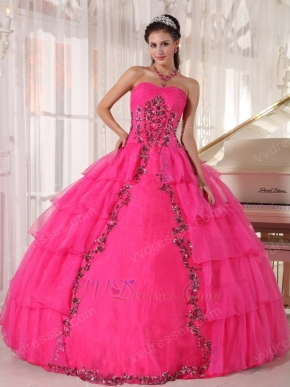 Deep Pink Organza Paillette Puffy Skirt Quinceanera Girls Dress