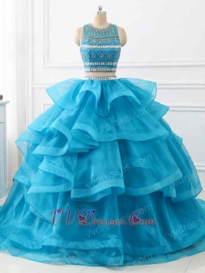 Two Pieces Detached Beadwork Blouse Horsehair Ruffles Train Quince Ball Gown Azure