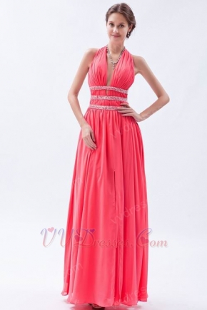 Cheap Halter Front Split Deep Pink Chiffon Evening Dress