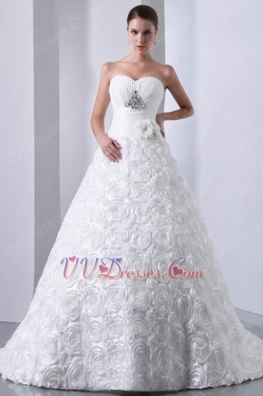 Rolled Fabric Flowers Skirt Chapel Train Best Puffy Bridal Dress