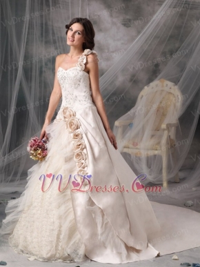 One Shoulder Champagne Wedding Gown With Handmade Flowers Low Price