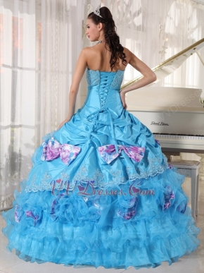 Sky Blue Beaded Bodice Quinceanera Dress With Printed Bowknot