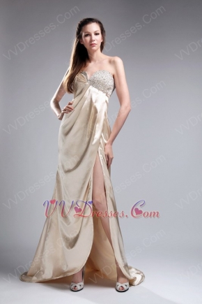 Brush Train Side Split Beading Champagne Gorgeous Prom Dress