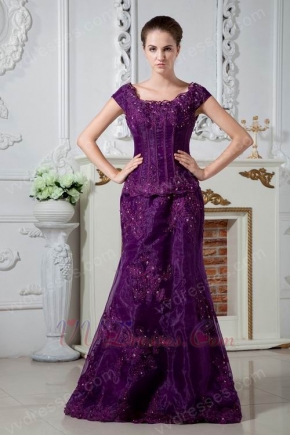 Square Neck Appliques Grape Organza Evening Dress Modest