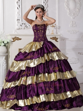 Purple and Gold Layers Embroidery Cheap Girl Quinceanera Dress