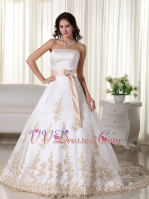 Inexpensive Champagne Appliques Wedding Dress With Belt Low Price