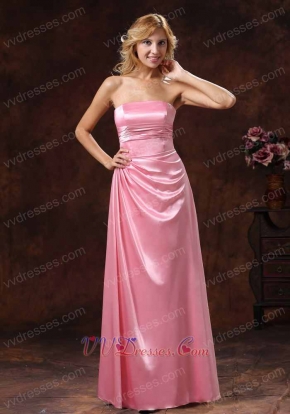 Rose Pink Elastic Woven Satin Strapless Bridesmaid Dress Low Price