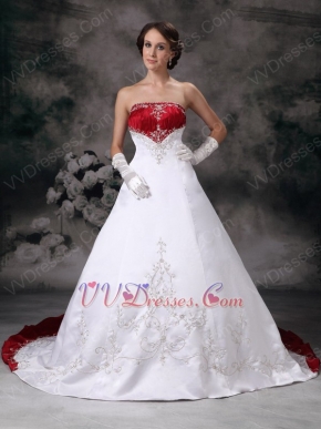 New Arrival Strapless Embroidery Wedding Dress With Wine Red