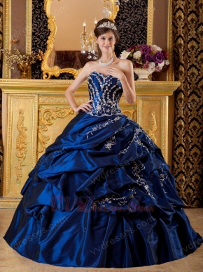 Dark Blue Appliqued Floor Length Quinceanera Dress Gown