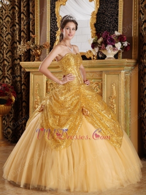 Pretty Golden Sequin Corset Back Adult Ceremony Girls Dress