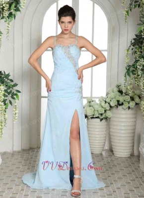 Lightest Baby Blue Spaghetti Straps Side Slit Prom Dress Crossed Back