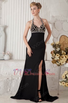 Cheap Halter Split Embellish Black Chiffon Evening Dress