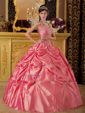 Classical Waltermelon Tafftea Quinceanera Dress With Halter Design