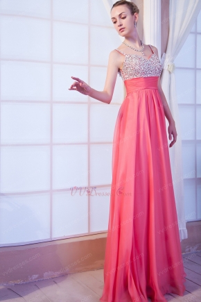 Beaded Spaghetti Straps Watermelon Skirt Prom Evening Dress