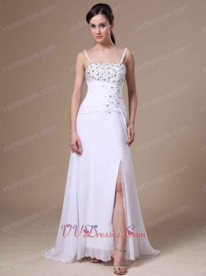 High Slit Beaded Decorate Spaghetti Straps White Chiffon Prom Dress Customize