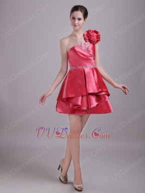 Designer Coral Red Short Prom Dress With One Shoulder Layers Skirt