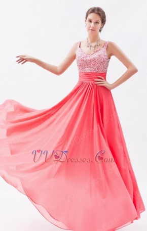 Princess Straps Coral Red Chiffon Prom Dress With Beading