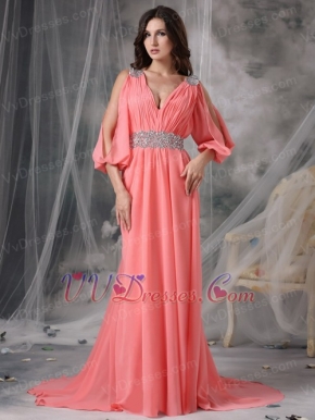 Watermelon Split Sleeves V-neck Sexy Prom Dress Chiffon Inexpensive