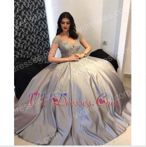 Silver Off Shoulder Satin High Quality Puffy Prom Pageant Dress