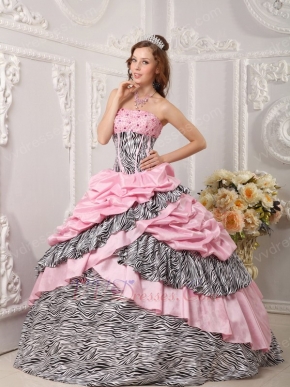 Romantic Pink Taffeta Quince Dress With Zebra Layers Skirt