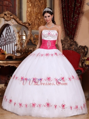 White Strapless Military Ball Dress With Fuchsia Emberllishmests