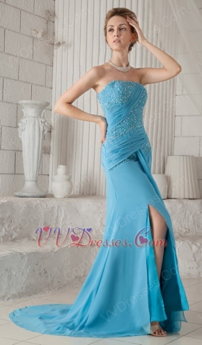 Column Strapless Front Split Skirt Aqua Blue Prom Celebrity Dress