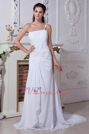 Single One Shoulder Corset Back Panel Train White Chiffon Prom Dress