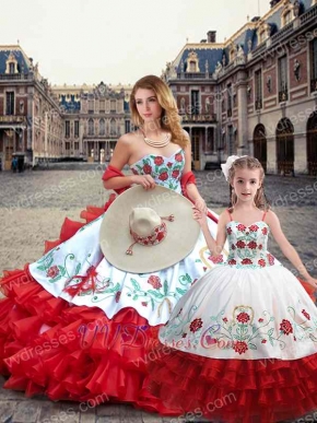 Embroidery White Quince Dress With Four-Layers Wave Red Skirt Ride Horse Package Sale