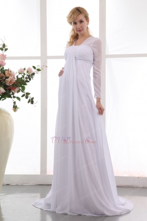 Long Sleeves Front Drap Modest Pregnant White Wedding Dress