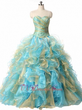 Princess Gold and Aqua Mingled Dense Organza Ruffles Quinceanera 16 Ball Gowns Cute