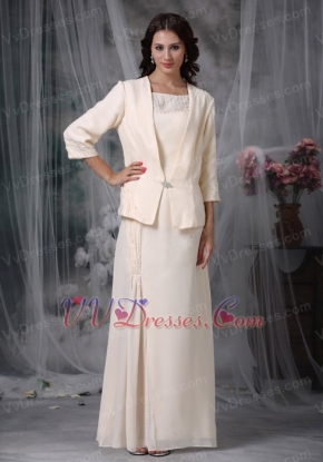 Champagne Chiffon Beaded Mather Of Bride Dress And Coat Modest