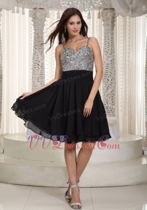 Spaghetti Straps Short Black Prom Dress LBD With Beading Knee Length Sexy