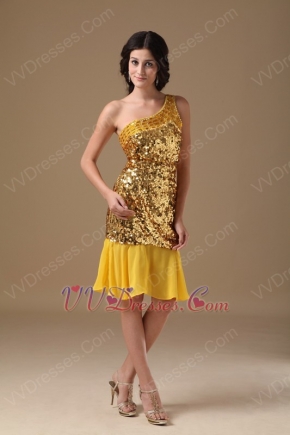 One Shoulder Golden Flaring Sequin Fabric Dress To Cocktail