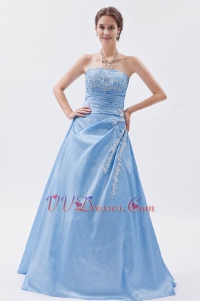 Strapless Embroidery Baby Blue Puffy Prom Dress With Appliques