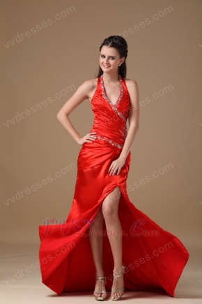 Sexy Halter Side Split Skirt Floor Length Scarlet Prom Dress