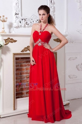 Red Chiffon Halter Floor Length Celebrity Evening Dresses