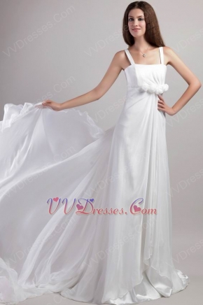 Watteau Train White Chiffon Prom Gown With Handmade Flowers