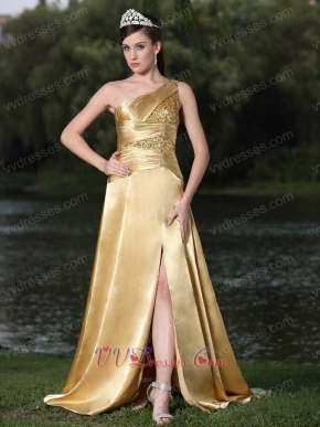 Amiable Gold One Shoulder Slit Design Prom Dress For Garden Party
