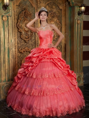 Embroidery Layers Skirt Quinceanera Ball Gown In Watermelon