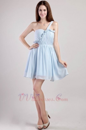 One Shoulder Light Blue Mini-length Bridesmaid Dress